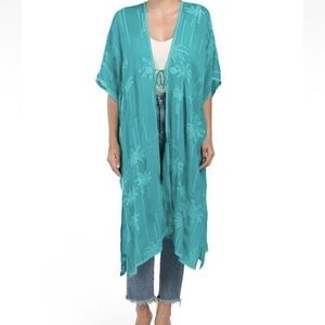 Johnny Was Palm Kimono Duster Embroidered Turquoise Teal Long Open Front Duster